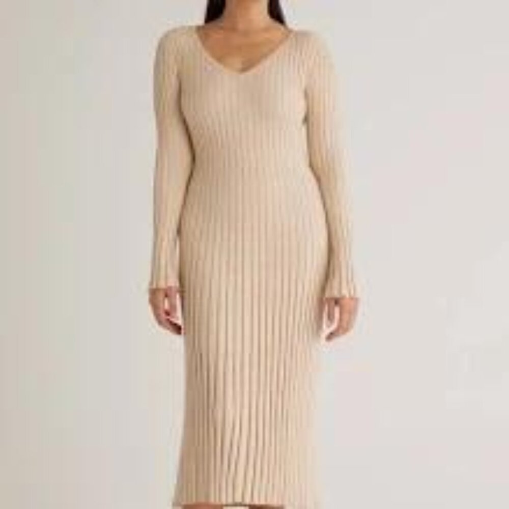 Quince Cotton Cashmere Ribbed Long Sleeve V-Neck Midi Dress